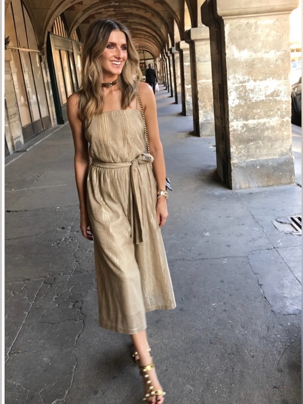 Rebecca Vallance Metallic Gold Wide Flowy Cropped Jumpsuit w/ Tie Waist | 8